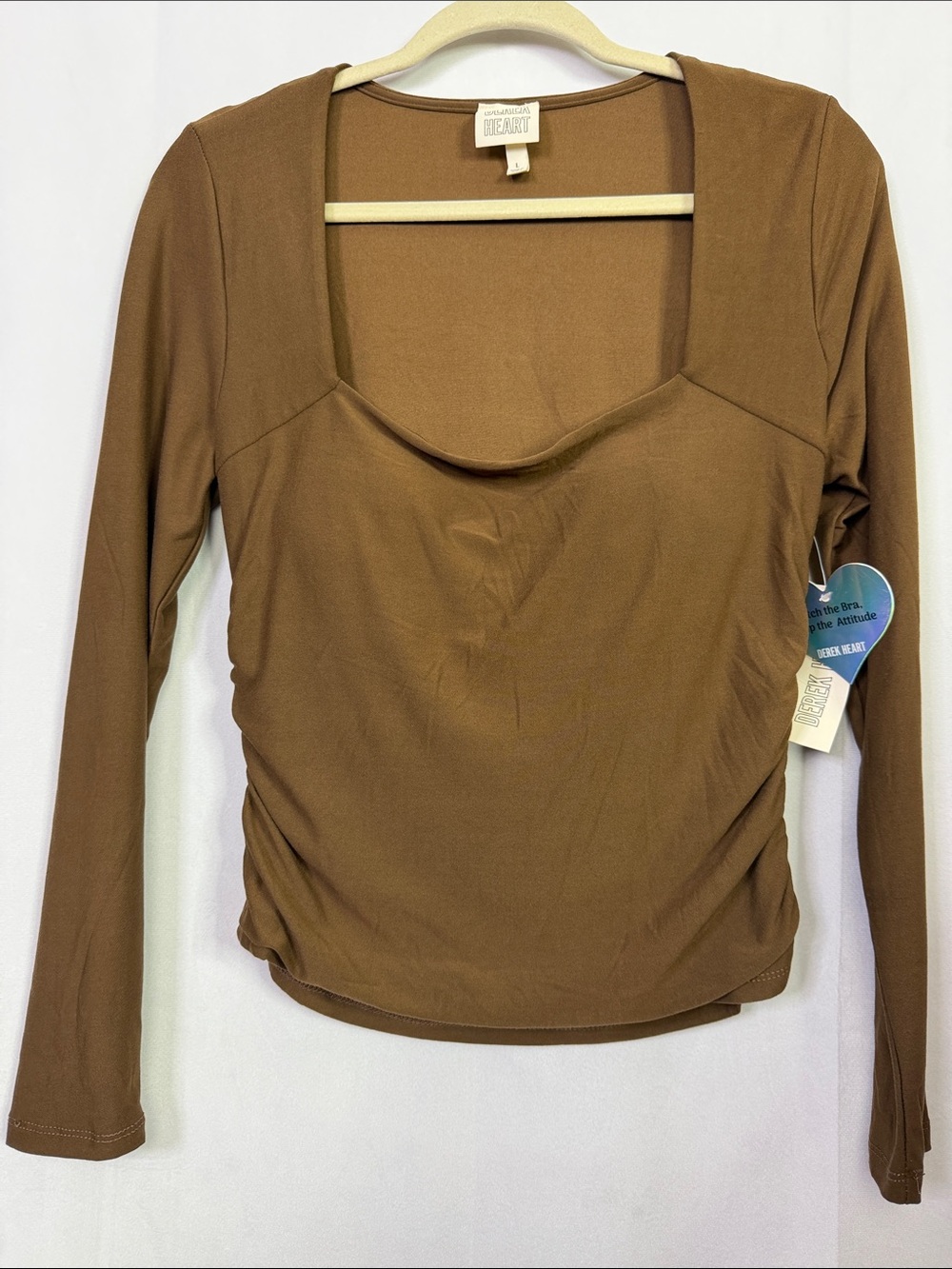 Derek Heart Brown Bra Free Padded Long-Sleeve Square Neck Top